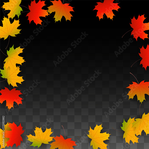 September Vector Background with Golden Falling Leaves. Autumn Illustration with Maple Red, Orange, Yellow Foliage. Isolated Leaf on Transparent Background. Bright Swirl. Suitable for Posters.