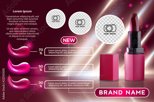 Makeup ads template Charming red lipstick mockup with sparkling background. Package Design Promotion Product. Cosmetics Advertising Banner, Flyer, Billboard, Poster or Catalog. 3D Vector Illustration.