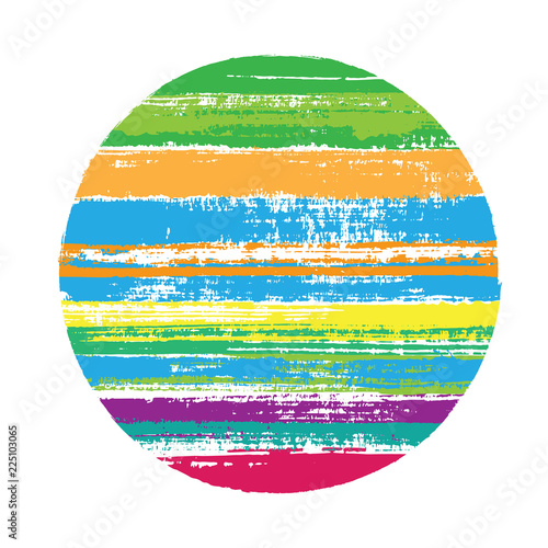 Ragged circle vector geometric shape with stripes texture of paint horizontal lines. Disc banner with old paint texture. Stamp round shape circle logo element with grunge stripes background.