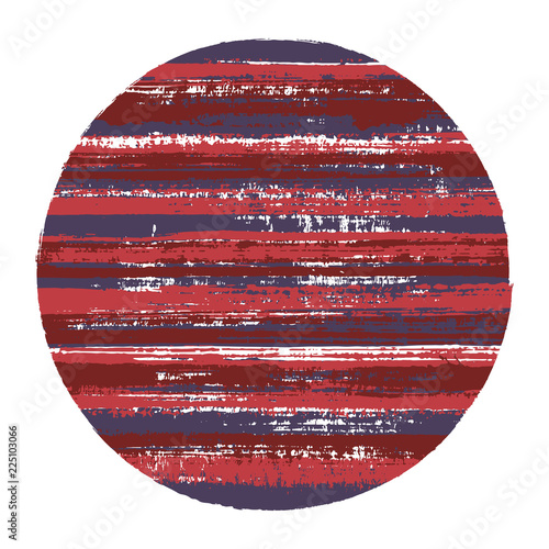 Abrupt circle vector geometric shape with striped texture of paint horizontal lines. Old paint texture disc. Stamp round shape circle logo element with grunge background of stripes.