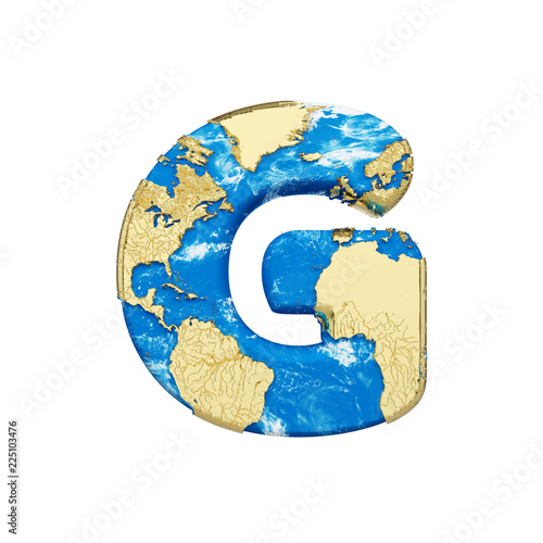 World earth globe alphabet letter G uppercase. Global worldwide font with NASA map. 3D render isolated on white background.
