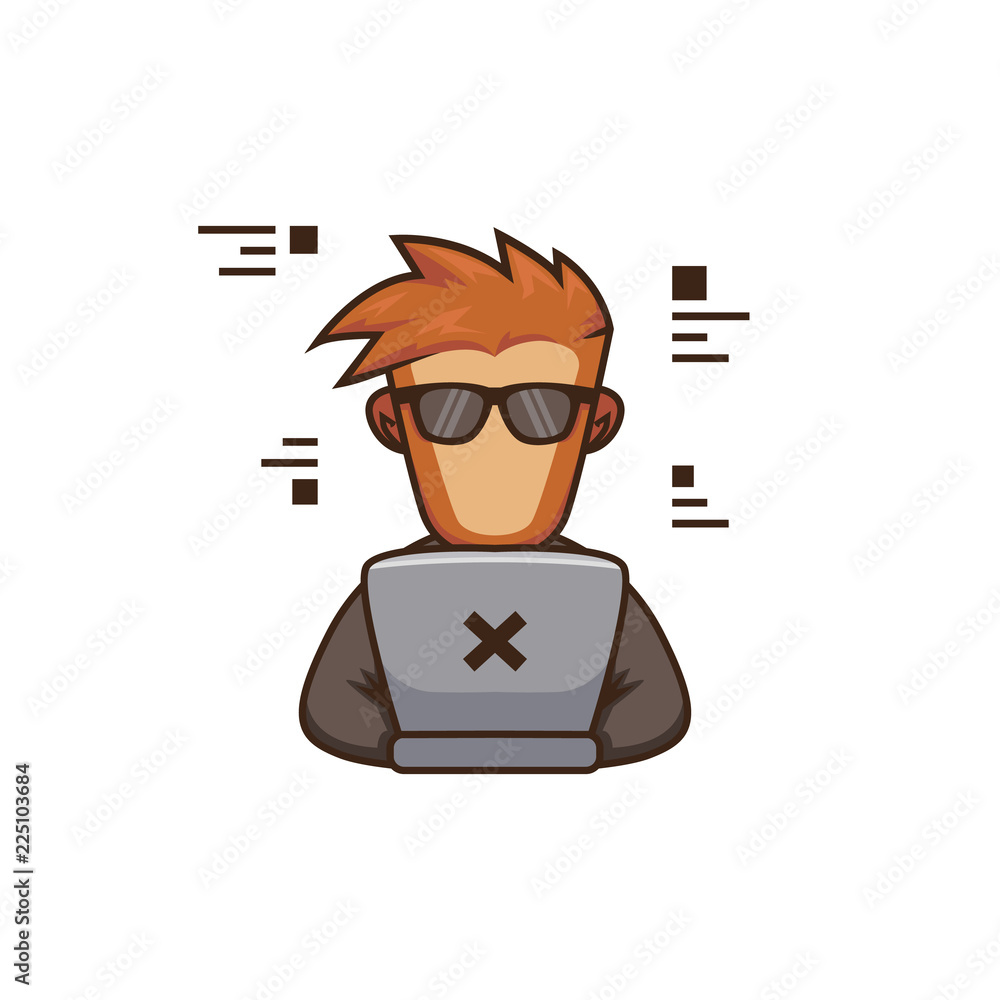 Monkey ape coder logo mascot. Monkey programmer in front of laptop