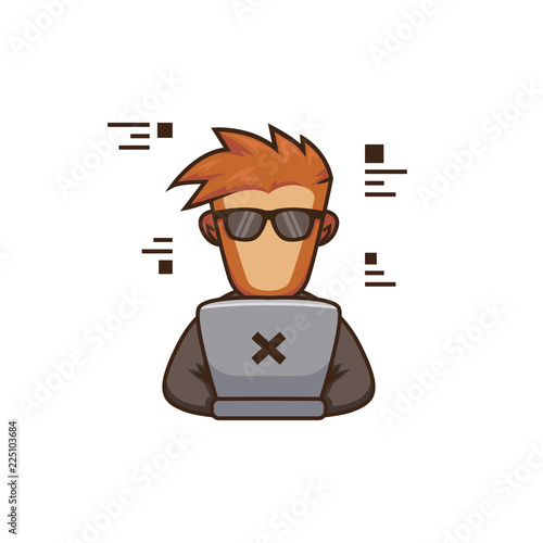 Monkey ape coder logo mascot. Monkey programmer in front of laptop writing code character illustration