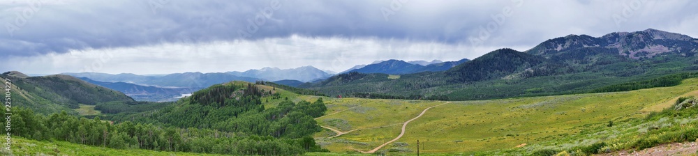 Guardsman Pass views of Panoramic Landscape of the Pass, Midway and Heber Valley along the Wasatch Front Rocky Mountains, Summer Forests, Clouds and Rainstorm. Utah, United States.