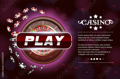 Casino background roulette wheel with dice and chips. Online casino poker table concept design. Top view of white dice and chips on black background. Casino sign. 3d vector illustration.
