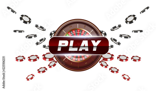Playing cards and poker chips fly casino play button. Concept on white background. Poker casino vector illustration. Red and black realistic chip in the air. Gambling concept, poker mobile app icon.