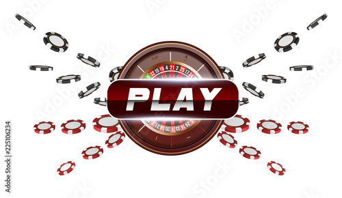 Playing cards and poker chips fly casino play button. Concept on white background. Poker casino vector illustration. Red and black realistic chip in the air. Gambling concept, poker mobile app icon.