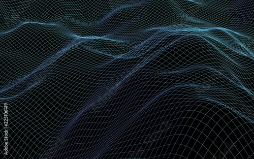 Abstract landscape on a dark background. Cyberspace blue grid. Hi-tech network. 3D illustration