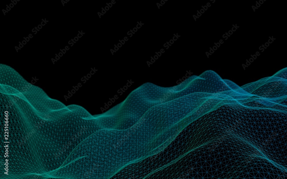 Abstract landscape background. Cyberspace grid. Hi-tech network. Vertical image orientation. 3D illustration