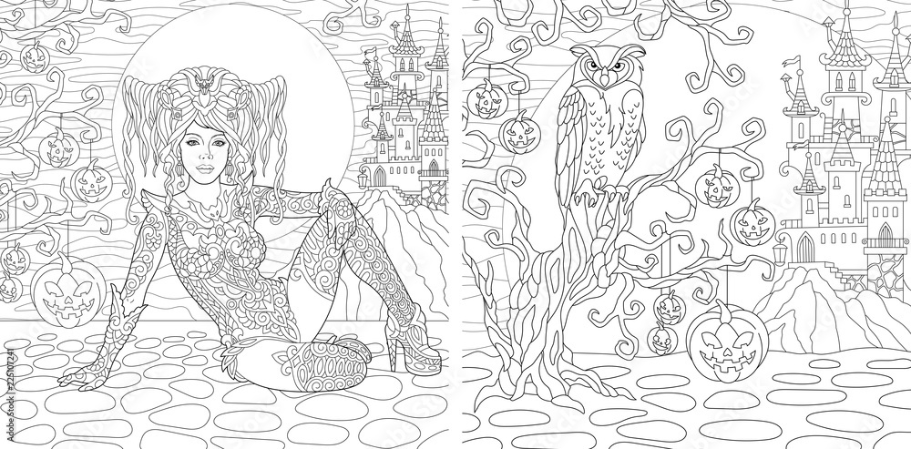 Halloween coloring pages with witch girl, owl and horror spooky castle