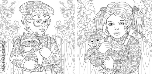 Coloring pages with boy and girl embracing furry animals