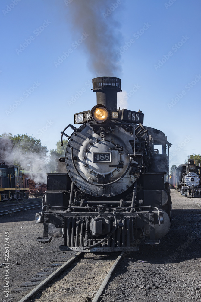 Historic Cumbres Toltec narrow-gauge train engine in Chama, New Mexico ready to go north to Antonito, Colorado station
