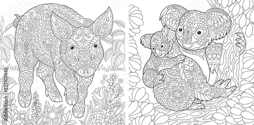 Coloring pages with pig and koalas