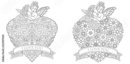 Valentines Day coloring pages with baby angels kissing. Valentine hearts. Greeting card templates