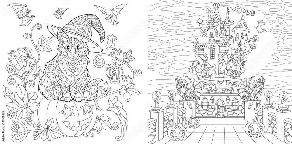 Halloween coloring pages with cat on pumpkin, bats, horror spooky castle at night
