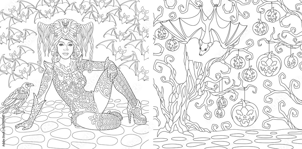 Fototapeta premium Halloween coloring pages with witch girl and flying bats