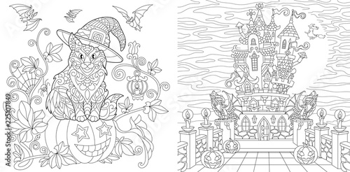 Halloween coloring pages with cat on pumpkin, bats, horror spooky castle at night