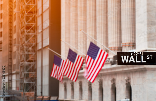 Wall street sign in New York City with New York Stock Exchange background, USA