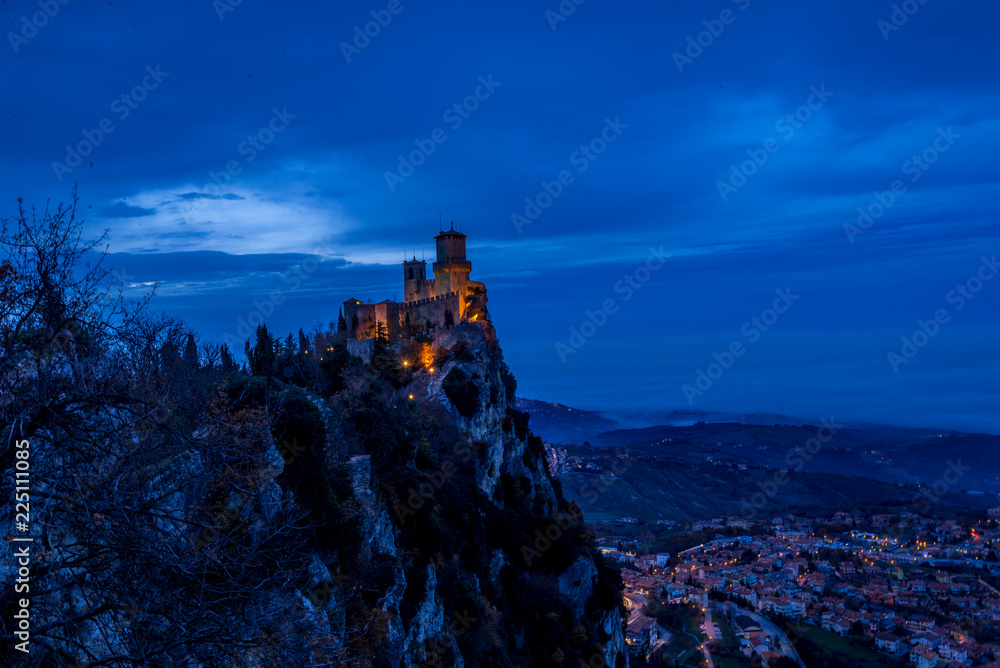 San Marino blue hour with lights on the castle and the medieval town