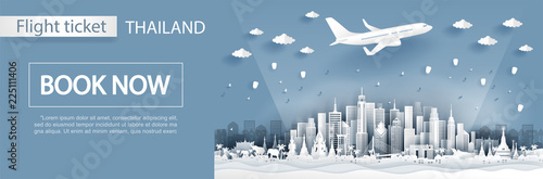 Flight and ticket advertising template with travel to Thailand concept, Thailand famous landmarks in paper cut style vector illustration