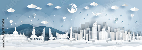Panorama postcard of world famous landmarks of Indonesia in paper cut style vector illustration