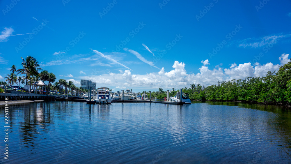 view of the power boats tender yachts in the canals of the marina in Dania Beach, Hollywood, Miami. Florida