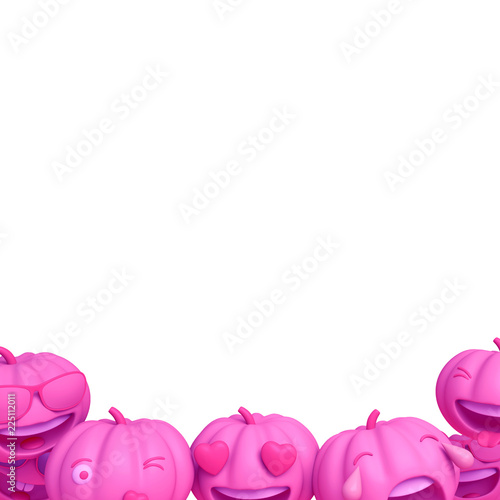 Cute smiling cartoon of pink pastel pumpkin head jack emoji, isolated on white background, copy space text. Design creative concept for happy Halloween day festival, 3D rendering.