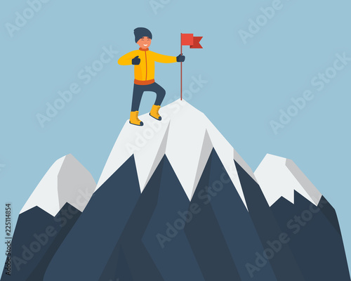 Climber standing on the top of mountain with a red flag. Young smiling mountaineer climbing on a rock. Vector cartoon illustration isolated on white background. Flat design style. Vector illustration