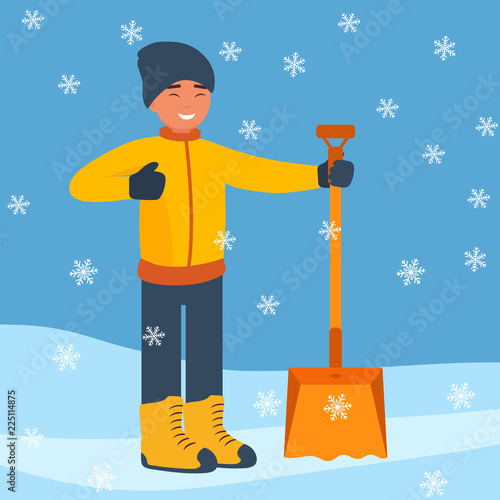 Happy man with a big winter shovel for snow to start cleaning the snow. Winter landscape with falling snowflakes. Flat design style. Vector illustration.