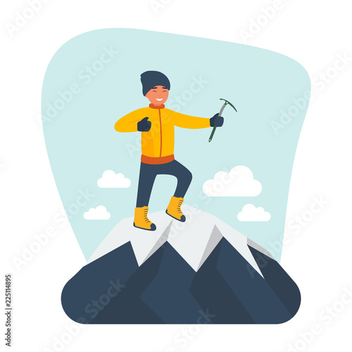Climber standing on the top of mountain with an ice pick. Young smiling mountaineer climbing on a rock. Vector cartoon illustration isolated on white background. Flat design style. Vector illustration