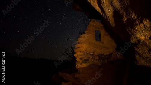 Ancestral Puebloan Native American Indian Ruins Under Stars and Milky Way at Night
