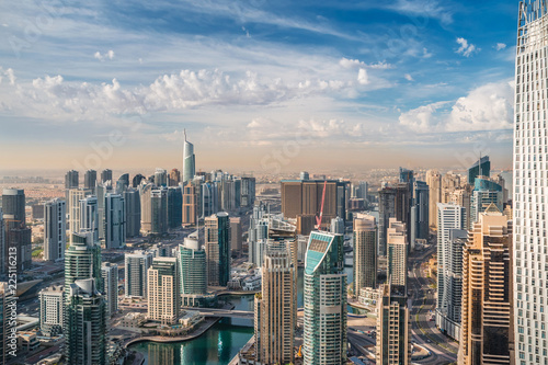 Aerial view of modern skyscrapers in Dubai Marina. Dubai city skyline panorama