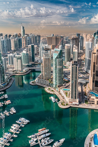 An impressive aerial top view of the city in Dubai Marina. Dubai skyline panorama
