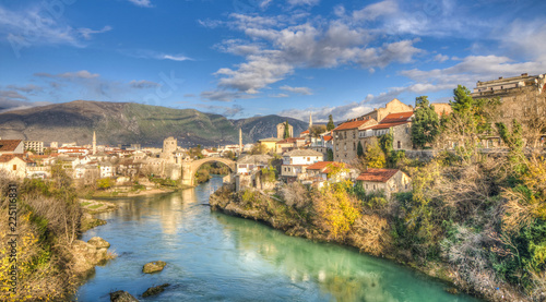 Mostar Bosnia medieval town view with the old stone bridge over the river