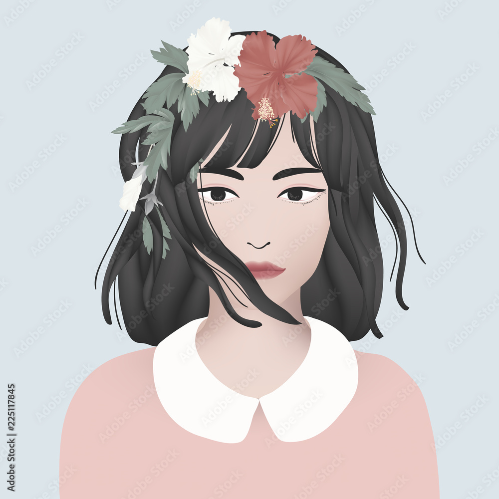 Girl with black short hair decorated with red and white hibiscus flowers and leaves Stock Vector | Adobe Stock Girl with black short hair decorated with red and white hibiscus flowers and leaves Stock Vector | Adobe Stock