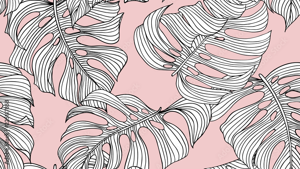 Floral seamless pattern, black and white split-leaf Philodendron plant on pink background, line art ink drawing