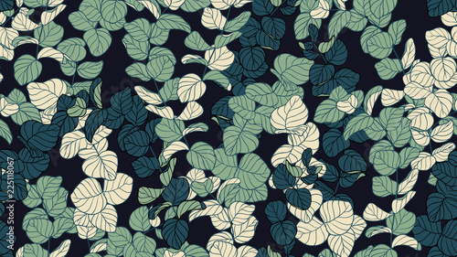 Floral seamless pattern, shade of green Silver Dollar Eucalyptus leaves on black background, line art ink drawing