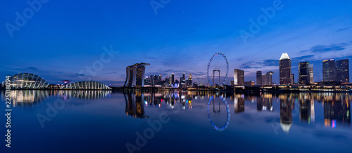 Wide Panorama of Singapore Skyline at Magic Hour
