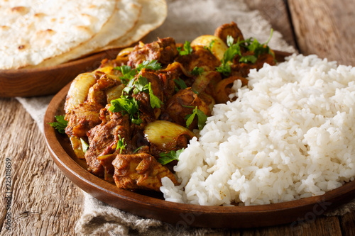 delicious Indian Punjabi chicken dopiaza with onions served with a side dish of rice close-up on a plate. horizontal photo
