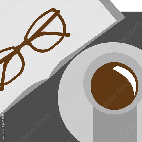 Vector illustration. Cup of coffee on the table. Flat design. Book and Glass.
