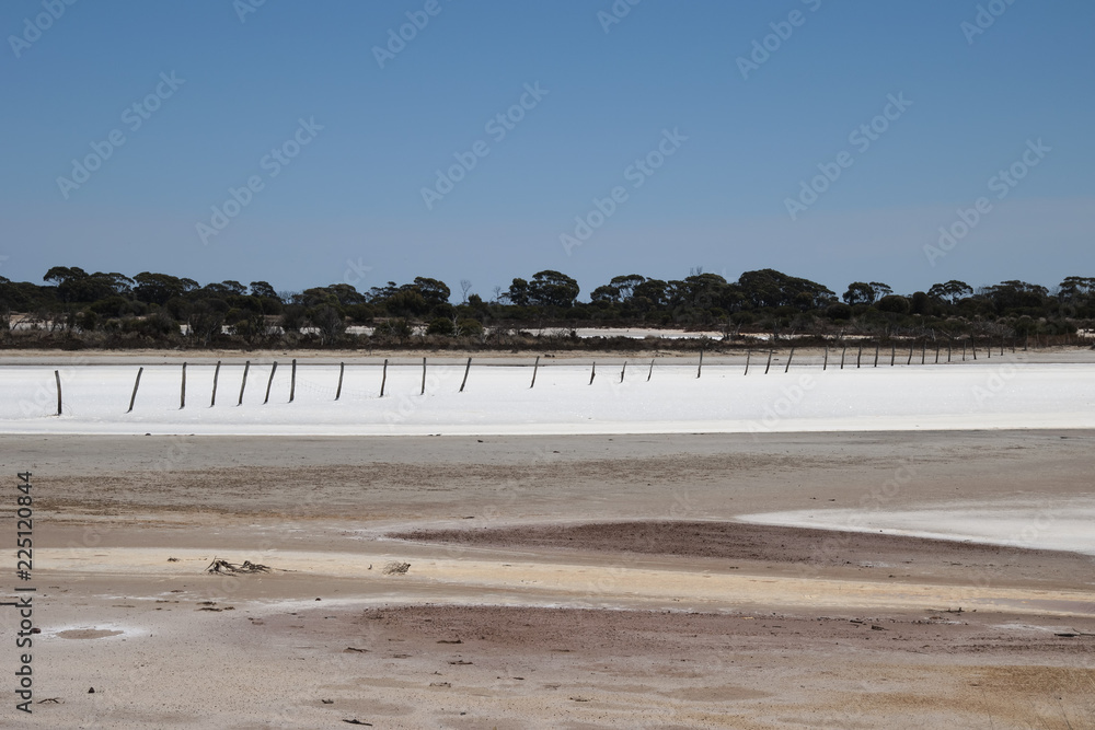 Chinocup Nature Reserve Western Australia, line of wooden fence posts crossing dry salt lake