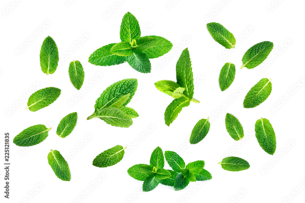 Fresh mint leaves pattern isolated on white background, top view. Close up  of peppermint. Stock Photo