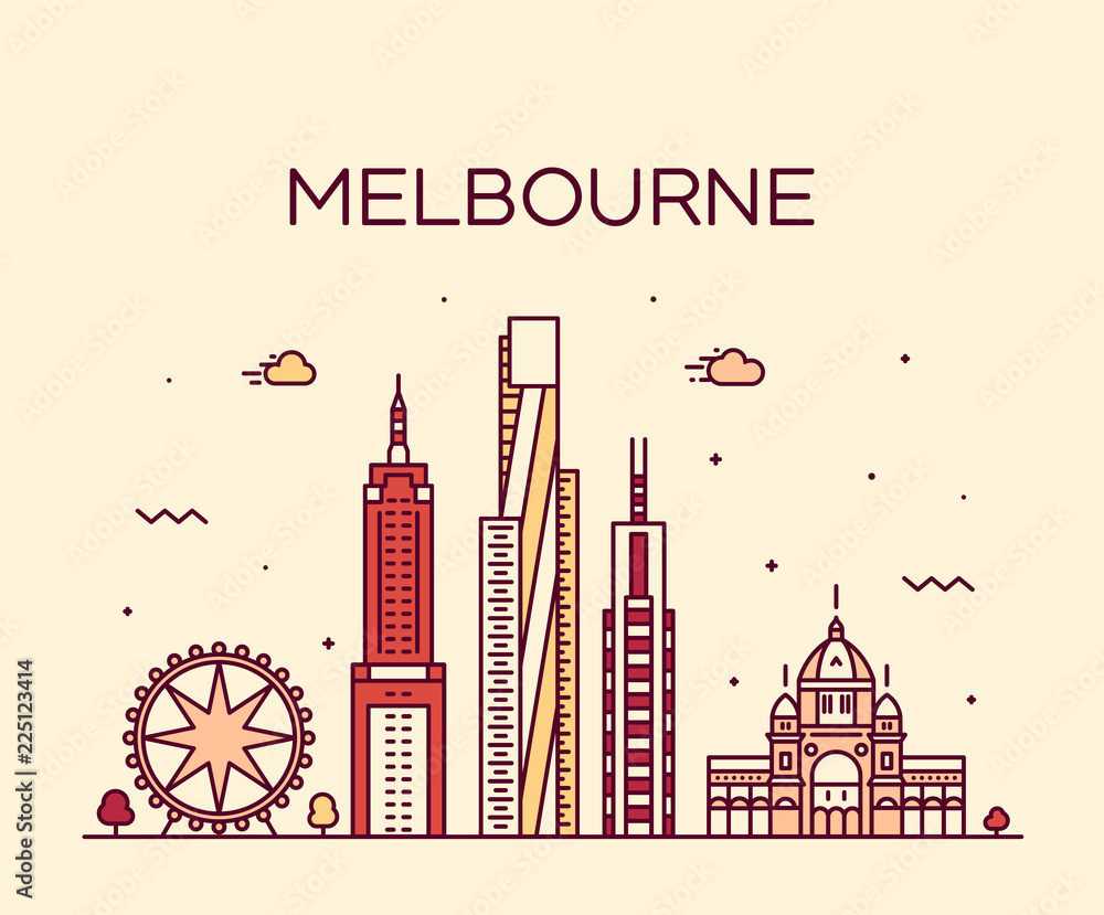 Fototapeta premium Melbourne duże miasto panoramę Australii wektor liniowy