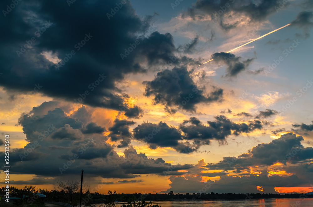 Scenic view of Mekong river against sky during sunset image