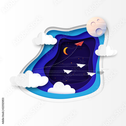 Paper airplanes teamwork flying on night sky scenery paper cut abstract background.Vector illustration.