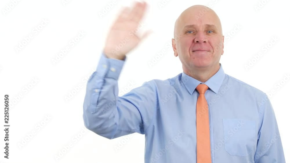 Happy Businessman Smile and Make Hello Hand Gestures Happy Businessman Smile and Make Hello Hand Gestures