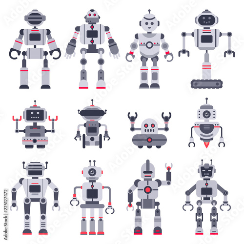 Flat robots. Electronic robot toys, cute chat bot mascot and robotic toy characters vector illustration set