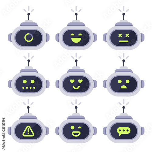 Chatbot avatar. Computer chat bots, android robot facial expressions and robotic cyborg head. Robots logo or bot vector icon set