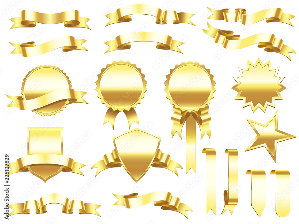 Gold banner ribbon. Elegant golden ribbons labels and products banners. Premium label sign vector set Gold banner ribbon. Elegant golden ribbons labels and products banners. Premium label sign vector set