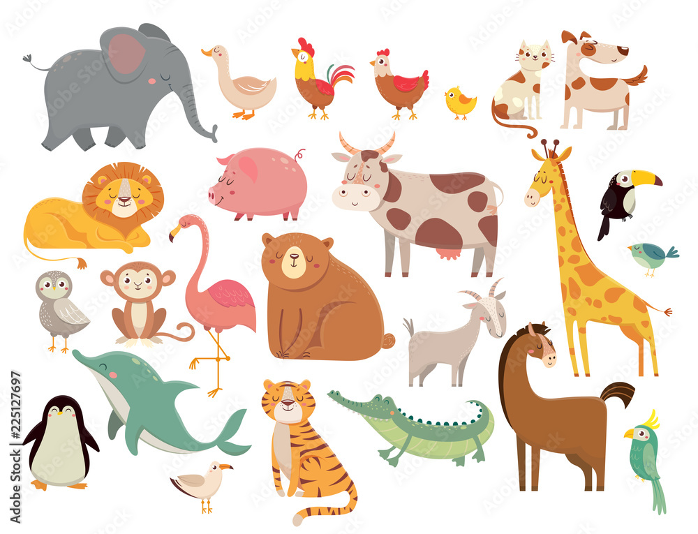 Cartoon animals. Cute elephant and lion, giraffe and crocodile, cow and chicken, dog and cat. Farm and savanna animals vector set